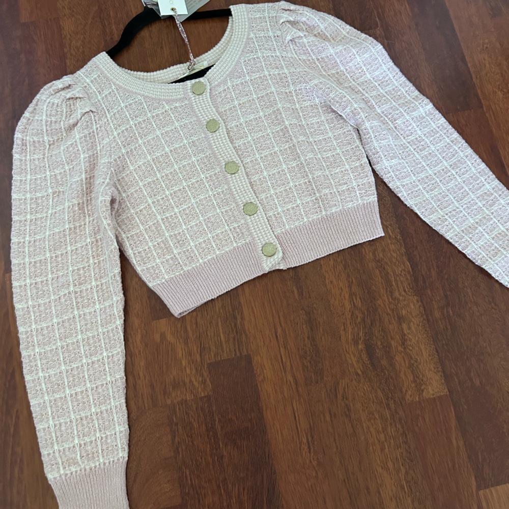 W/ Tags LoveShackFancy Daughter Checked Cropped Cardigan Sweater in Pink Winds M - Picture 13 of 17